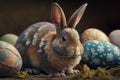 AI generated illustration of a rabbit in a lush grassy area surrounded by colorful Easter eggs