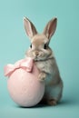 AI generated illustration of a rabbit with a pink bow with an egg Royalty Free Stock Photo