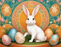 AI generated illustration of a rabbit sitting in front of a group of eggs with flowers on it a Royalty Free Stock Photo