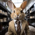 AI generated illustration of a rabbit wearing a formal beige suit with a tie in an office