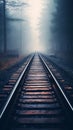 AI-generated illustration of a railway track stretching across a foggy landscape Royalty Free Stock Photo