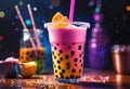 AI generated illustration of rainbow boba and assorted beverages on a table