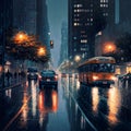 AI-generated illustration of a rainy night, driving cars, and a bus on the street, glowing lamps