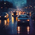 AI-generated illustration of a rainy night, driving cars on the street and glowing lights
