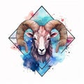 AI generated illustration of A ram goat with large horns on a white background