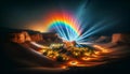 a rare phenomenon at the desert oasis: a night rainbow, illuminated by light sources