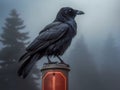 AI generated illustration of A raven perched on a red signpost