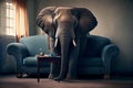 AI generated illustration of realistic elephant sitting on sofa