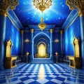 A realistic fantasy blue interior of the royal golden blue castle Fiction concept digital art