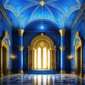 A realistic fantasy blue interior of the royal golden blue castle Fiction concept digital art