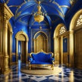 A realistic fantasy gold interior of the royal golden blue castle Fiction concept digital art