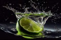 AI generated illustration of realistic fresh lime falling in water with splash on black background Royalty Free Stock Photo