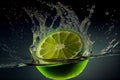 AI generated illustration of realistic fresh lime falling in water with splash on dark background Royalty Free Stock Photo