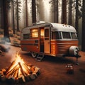 a camper parked next to a fire with wood burning around it Royalty Free Stock Photo