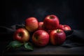 AI generated illustration of red apples on a lush, green tree branch isolated on dark background Royalty Free Stock Photo