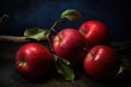 AI generated illustration of red apples on a lush, green tree branch isolated on dark background Royalty Free Stock Photo