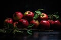 AI generated illustration of red apples on a lush, green tree branch isolated on dark backrgou Royalty Free Stock Photo