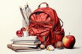 AI generated illustration of a red backpack, books, and apples on a white background Royalty Free Stock Photo