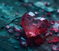 A red broken heart lies on the ground, surrounded by shattered glass fragments