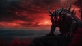 a red demon sitting on top of a mountain with a sky background