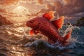 AI generated illustration of a red fish swimming in the sea at sunset Royalty Free Stock Photo