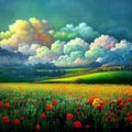 AI generated illustration of red flowers field with green plains and colorful clouds in the sky