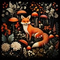 AI generated illustration of a red fox in a dark forest surrounded by mushrooms and wildflowers