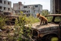 AI generated illustration of a red fox in a mossy post-apocalyptic landscape with rusty vintage cars Royalty Free Stock Photo