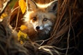 AI generated illustration of A red fox peering curiously out of the entrance of a tree hollow