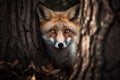 AI generated illustration of a red fox with a piercing faze looking through trees Royalty Free Stock Photo