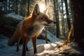 AI generated illustration of a red fox standing in the snow near a tree trunk in a wintery landscape Royalty Free Stock Photo