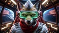 AI generated illustration of a red fox wearing futuristic pilot goggles on an airplane