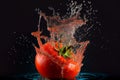 AI-generated illustration of the red perfect tomato falling into the water