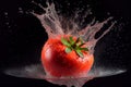 AI-generated illustration of the red perfect tomato falling into the water