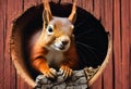 AI generated illustration of a red squirrel perched inside a hollowed wooden tree trunk Royalty Free Stock Photo