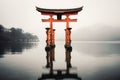 AI generated illustration of red torii gates in a foggy lake in Japan