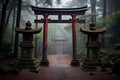 AI generated illustration of red torii gates in a forest in Japan