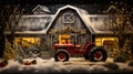 AI generated illustration of red tractor parked outside a rustic barn, with a light dusting of snow