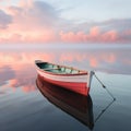 AI generated illustration of a red wooden boat moored on a calm lake with a pink sunset Royalty Free Stock Photo