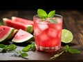 AI generated illustration of a glass of watermelon juice garnished with a slice of watermelon