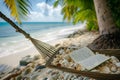 AI generated illustration of a relaxing scene of a book resting in a hammock by the tranquil ocean
