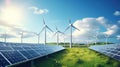 AI generated illustration of a renewable energy background with wind turbines and solar panels Royalty Free Stock Photo