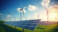 AI generated illustration of a renewable energy background with wind turbines and solar panels Royalty Free Stock Photo