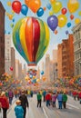 creative illustration of a modernist painting of a balloon parade during thanksgiving