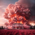 a house on fire with a cloud of smoke rising from the roof