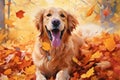 AI generated illustration of a retriever dog sitting atop a pile of multicolored autumn leaves