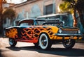 AI generated illustration of a retro black car with orange flames painted on it Royalty Free Stock Photo