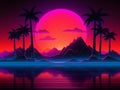 TROPICAL PALM TREE SEASIDE SUNSET WITH RETRO WAVE STYLE Royalty Free Stock Photo