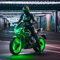 AI-generated illustration of a rider and a motorcycle with a green-glowing