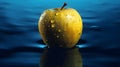 AI generated illustration of a ripe, juicy yellow apple covered in water droplets on a blue surface